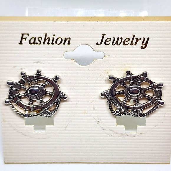 Vintage "MJ" Marie Jennifer Nautical Ship Wheel Rope Silver Pierced Earrings NOS - Picture 1 of 11